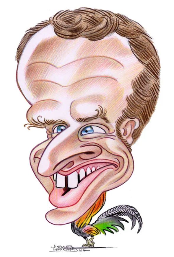 Super funny caricature of Macron with huge head and teeth